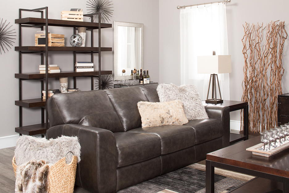 Sofa with bookshelf and pillows for texture