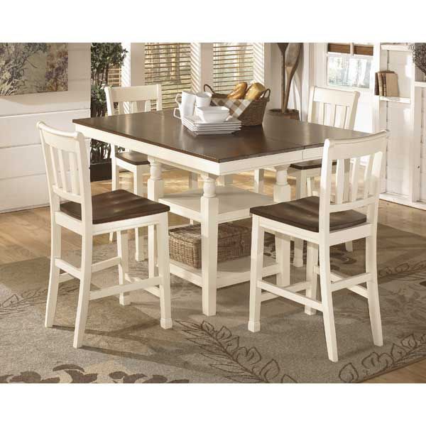 Brown and White Counter Height Table and Counter Stools