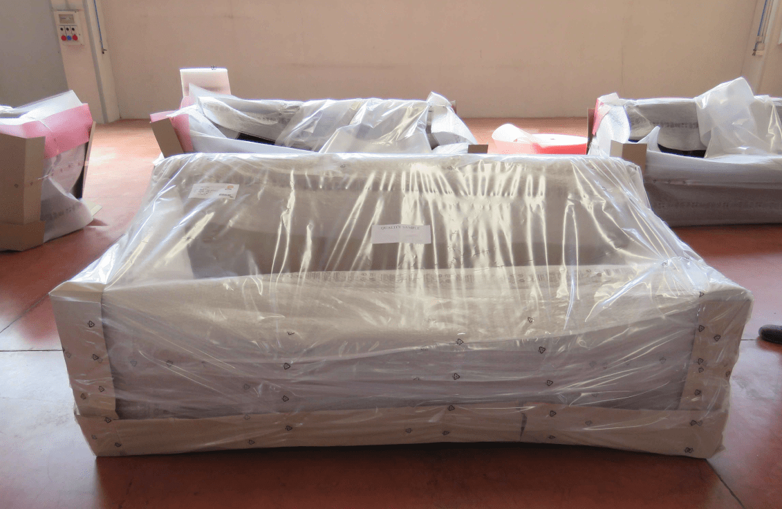 Sofa packaged and ready for shipping