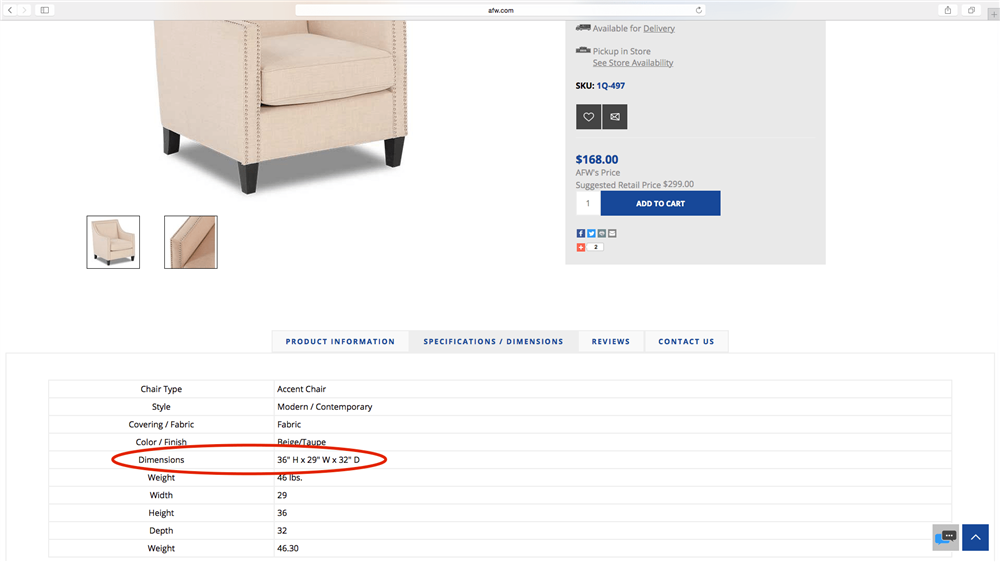 Dimensions as seen under the Specifications / Dimensions tab