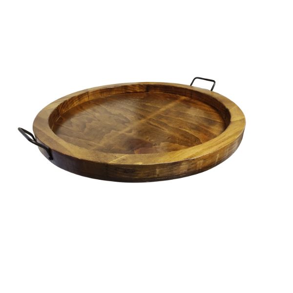 Picture of Round Wood Tray Metal Handles Wax