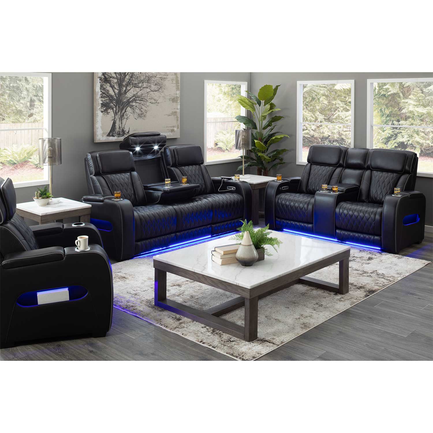 Black Leather Dual Power Zero Gravity Recline Sofa