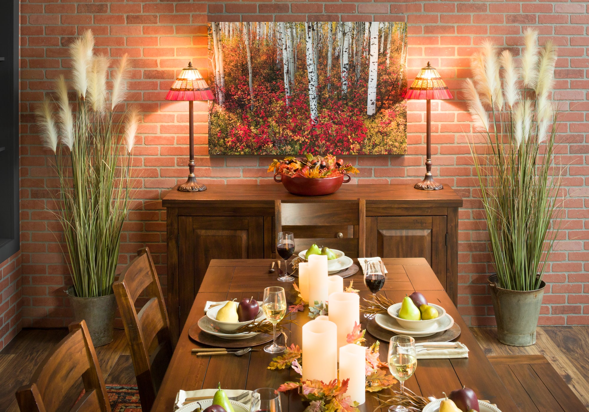 Dining server with lamps and fall decor